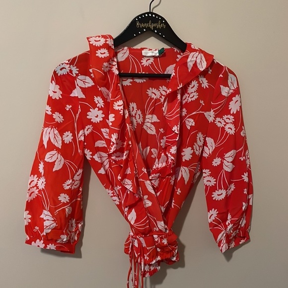 Rixo Red Daisy Sofia Ruffled Silk Wrap Blouse - Picture 3 of 8